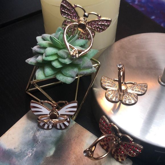 - #163 🤍Cell Phone Ring Stand Holder Grip White Striped Bling Butterfly🤍🦋 - Picture 14 of 17